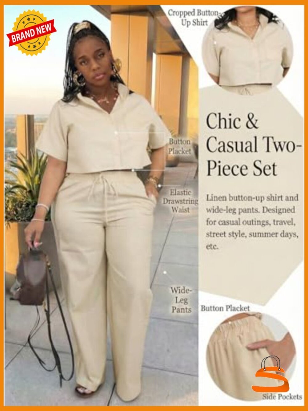2 Piece Crop Top and Wide Leg Pants Set w/ Pockets Size M - Picture 4 of 7